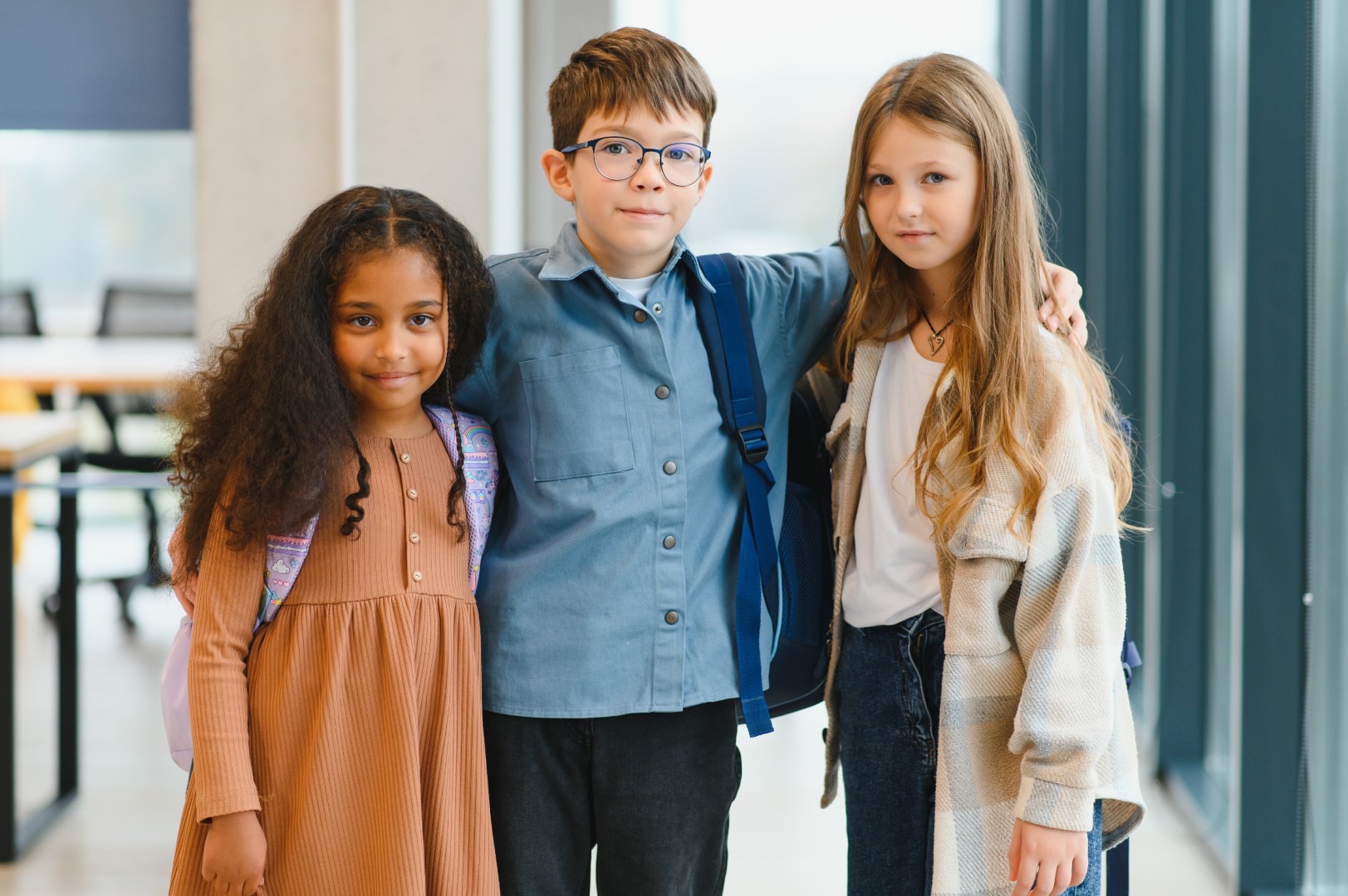 Group of elementary school kids in a school corridor